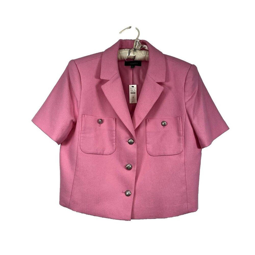 Talbots NWT Pink Short Sleeve Blazer Size 12 Cropped Tweed Textured Preppy